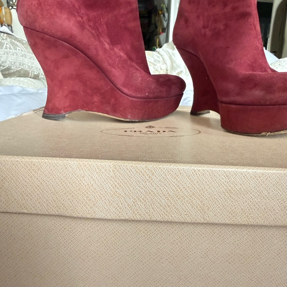Prada Burgundy Suede Wedge Boots - Picture 3 of 15